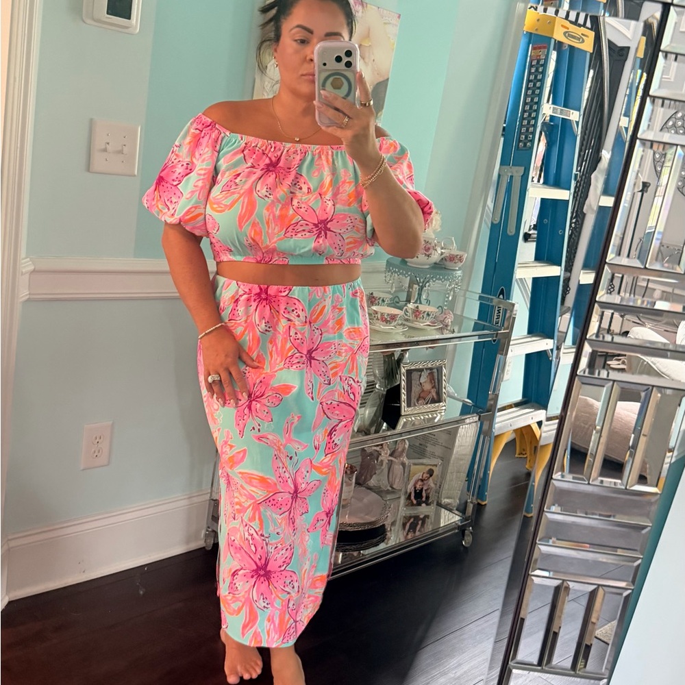Floral Off-Shoulder Two-Piece Maxi Skirt Set - Pink & Aqua lil Pulitzer set